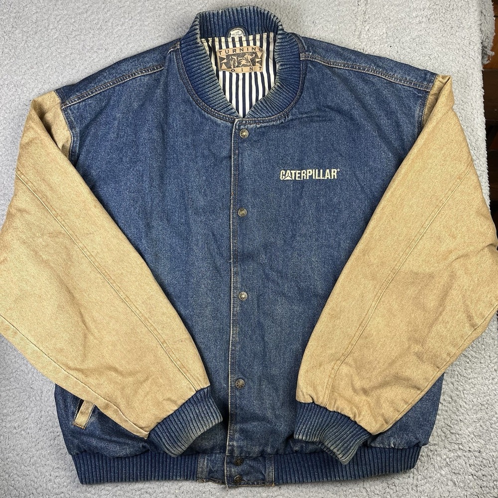 Vintage Y2K Caterpillar CAT Denim Bomber Jacket Turning Point Mens 3XL Workwear